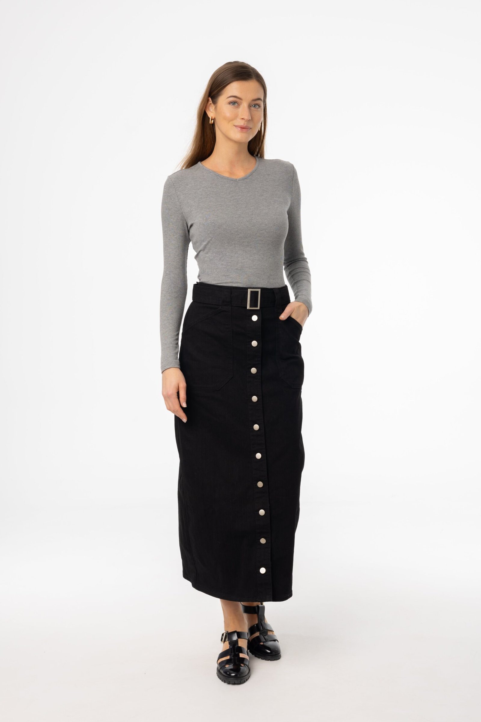 Black Belted Button Down Denim Skirt