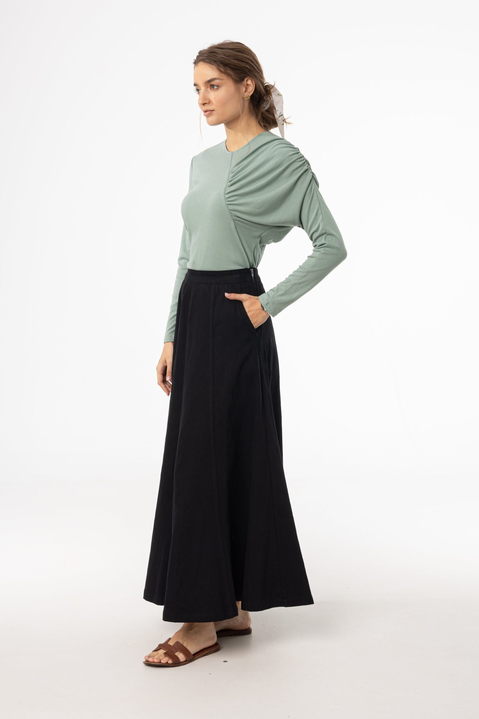 Black Flare Panel Denim Skirt - Image 2